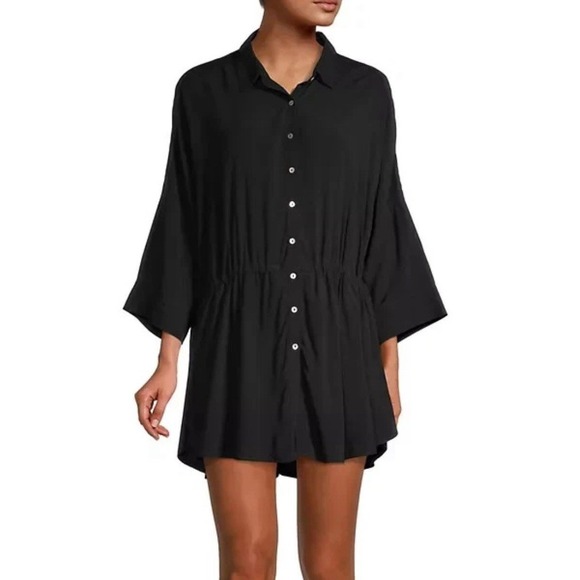 L*Space Black Pacifica Button Down Cinch Waist Mini Tunic Dress Cover‎ Up XS/S - Picture 1 of 9